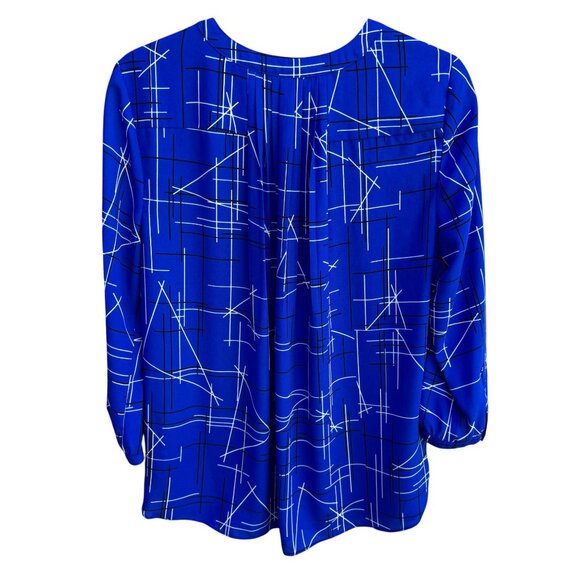 NYDJ Womens Blue Geometric Print Long Sleeve Pleated Back Preppy Tunic Blouse M - Picture 4 of 9